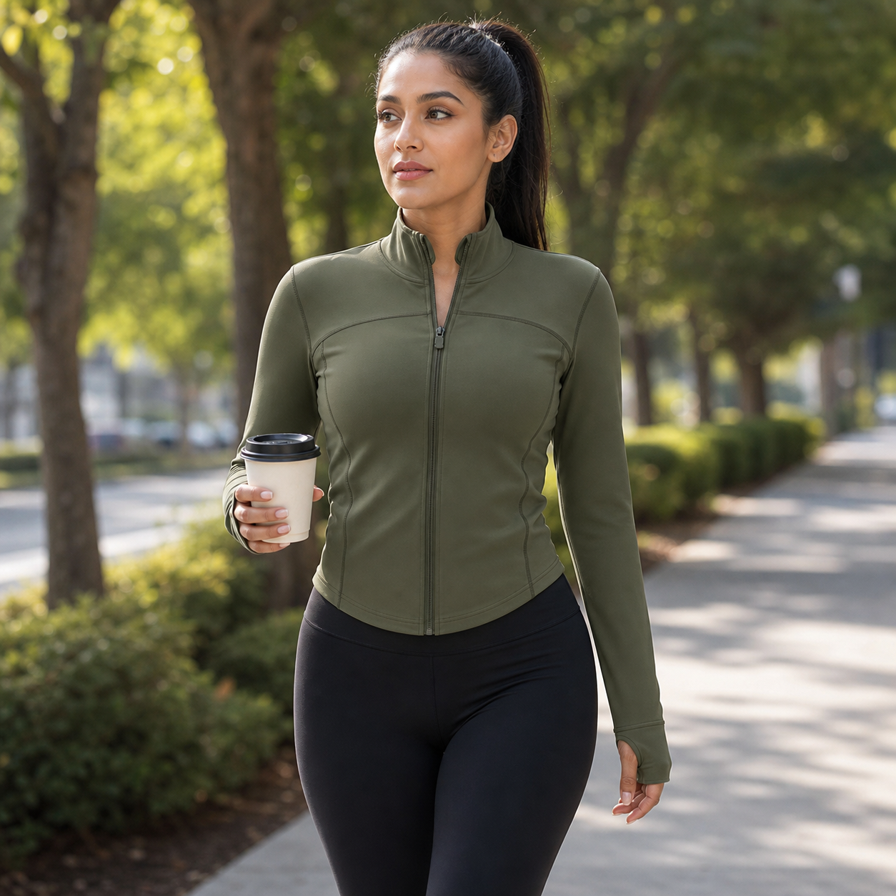 Women's Slim Fit Full Zip Jacket Packs - olive green jacket worn for an outdoor walk
