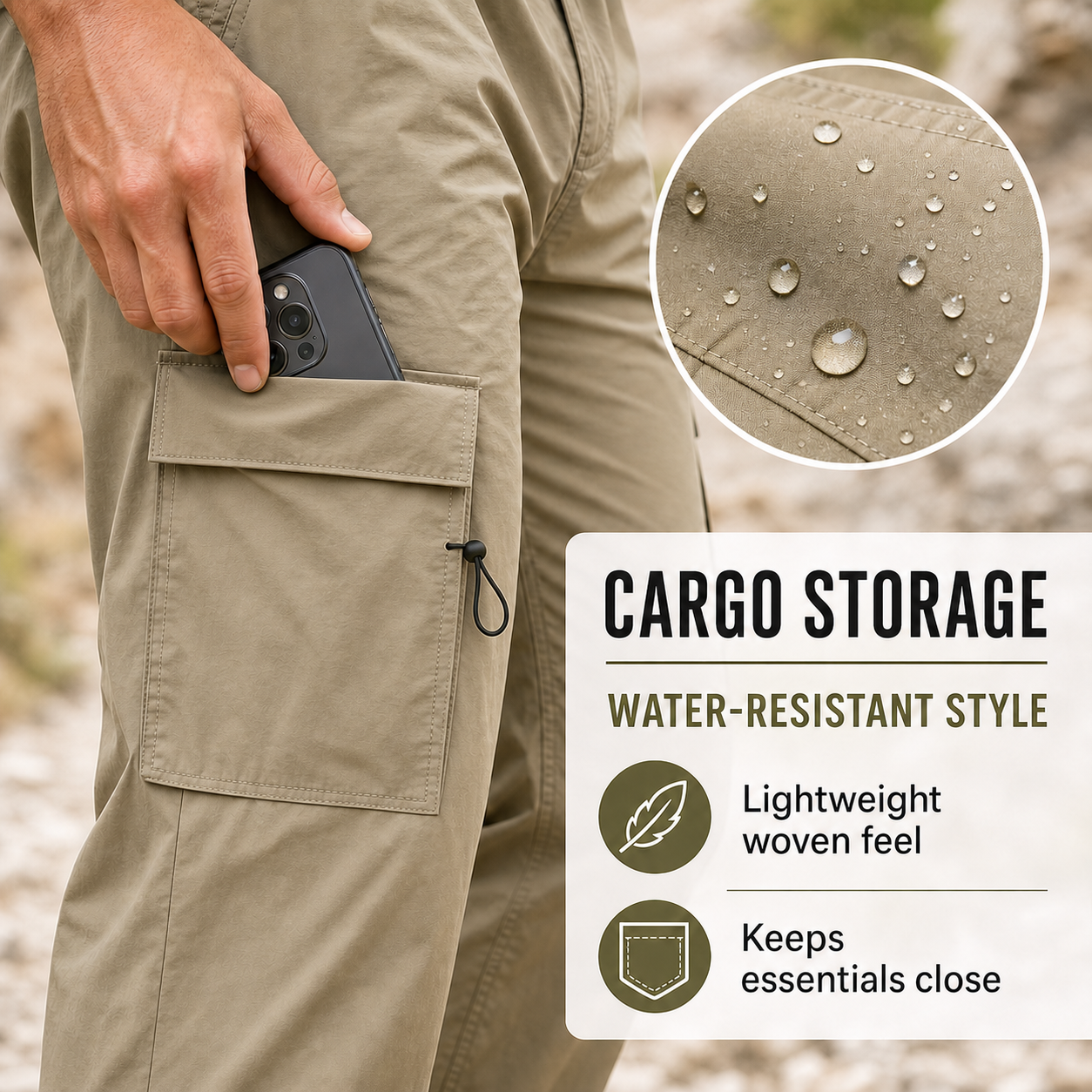 Men's Lightweight Water-Resistant Parachute Cargo Pants 8-Pack - gallery 02 pocket water resistant
