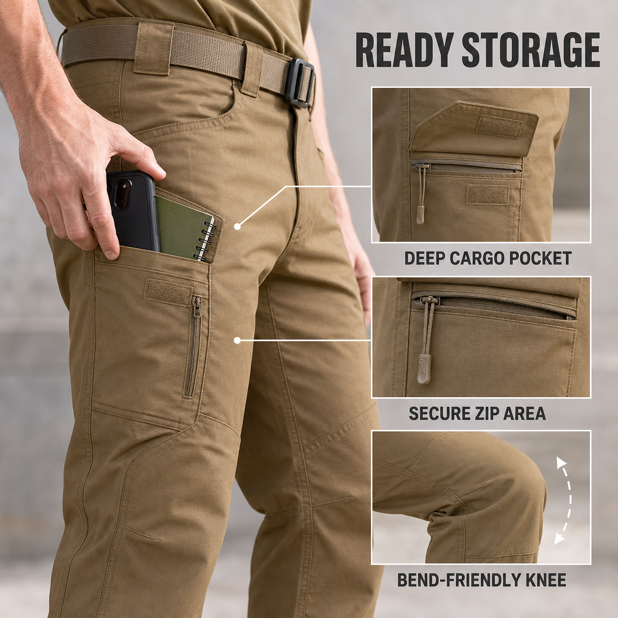 Men's Tactical Utility Cargo Pants Packs - gallery 02 ready storage