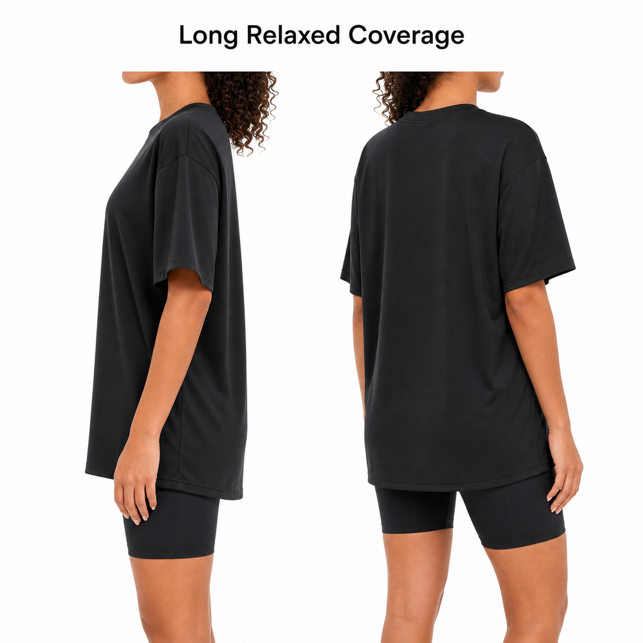 Women's Oversized Quick-Dry Workout T-Shirt Packs - side and back views showing long relaxed coverage