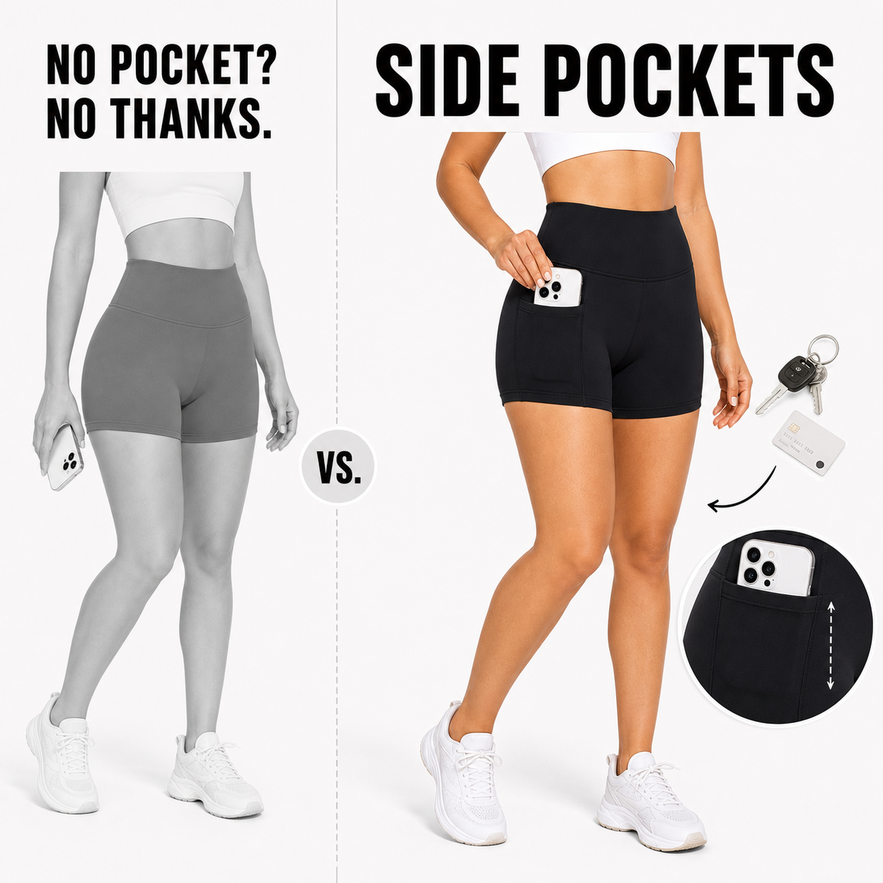 Women's High Waisted Biker Shorts with Pockets Packs - side pocket comparison showing phone keys and card storage