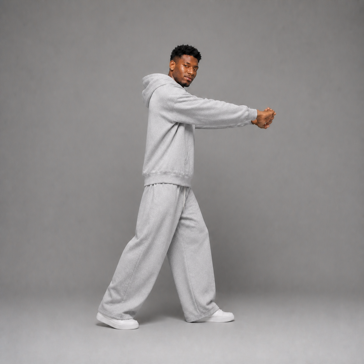 Unisex Half-Zip Hoodie and Wide-Leg Sweatpants Set - Light Gray, 5XL