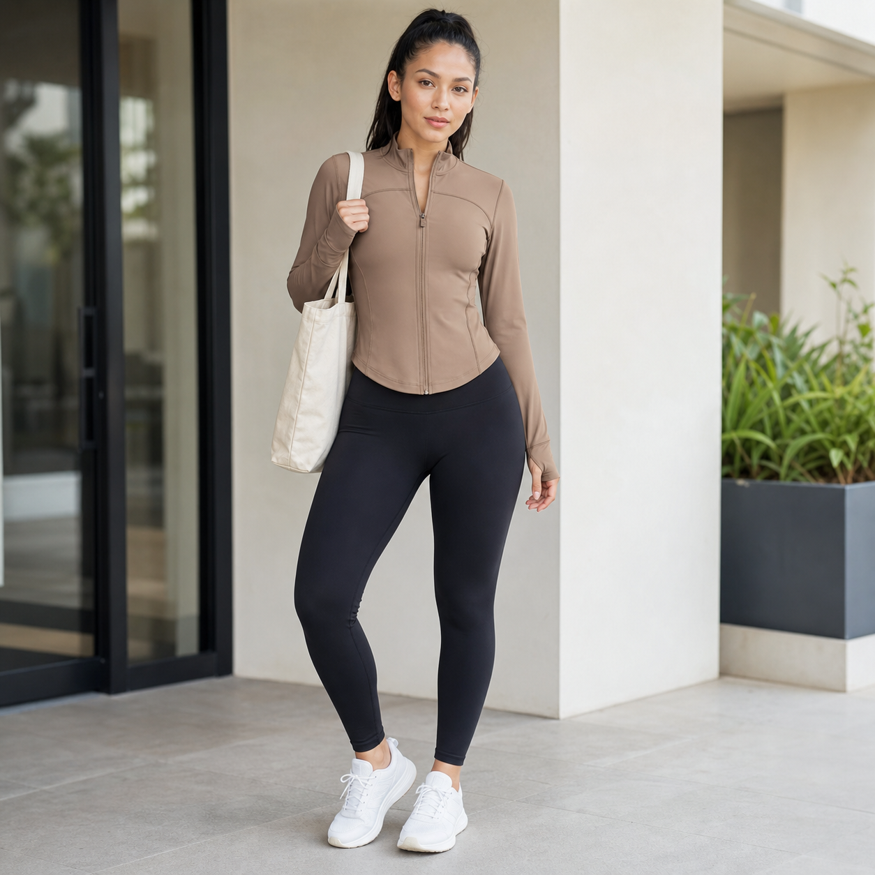 Women's Slim Fit Full Zip Jacket Packs - latte jacket worn as daily athleisure