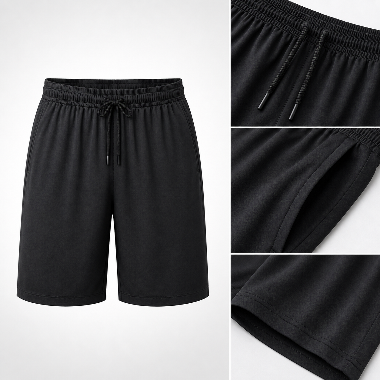 Men's 8-Piece Smooth Polyester Drawstring Athletic Shorts Set - waistband drawstring pocket and fabric detail
