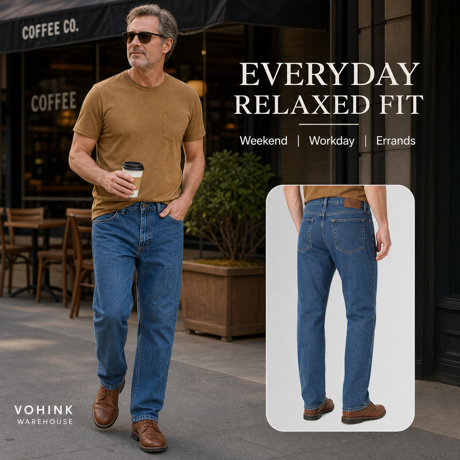 Men's Classic Relaxed Fit Denim Jeans Packs - everyday relaxed fit lifestyle and back view