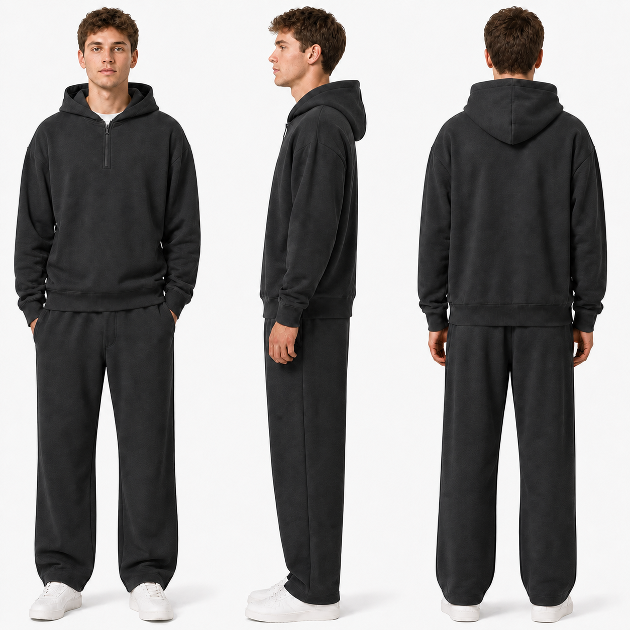 Unisex Solid Half-Zip Hoodies 8-Pack - charcoal front side back