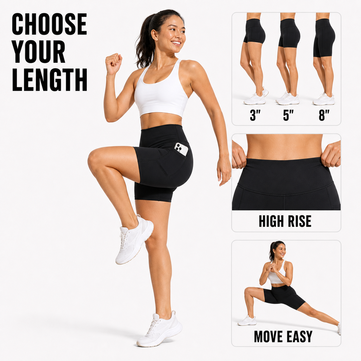 Women's High Waisted Biker Shorts with Pockets Packs - length choice high rise and move easy feature image