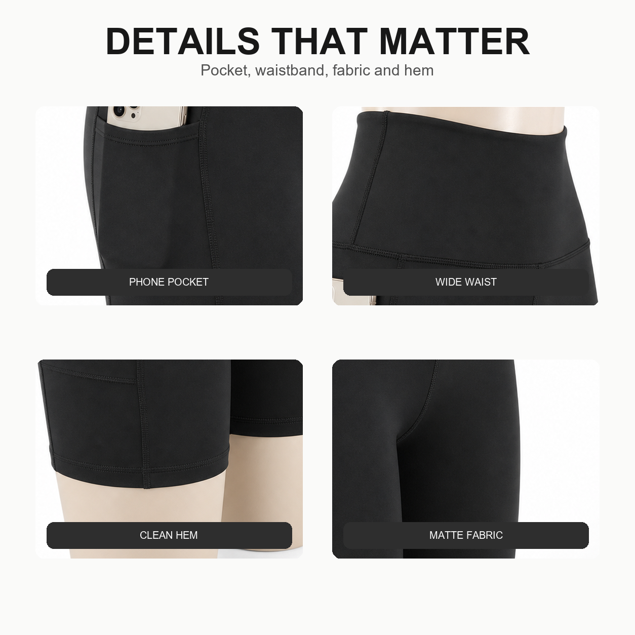 Women's High Waisted Biker Shorts with Pockets Packs - pocket waistband fabric and hem detail grid