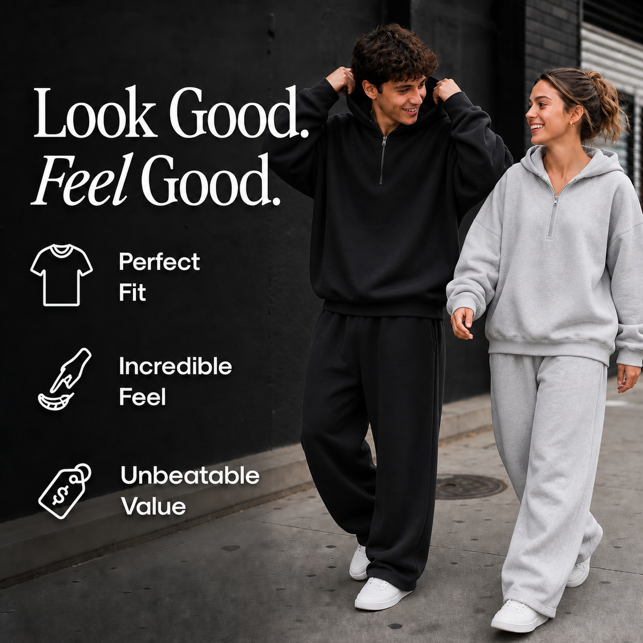 Unisex matching lounge set product and lifestyle image