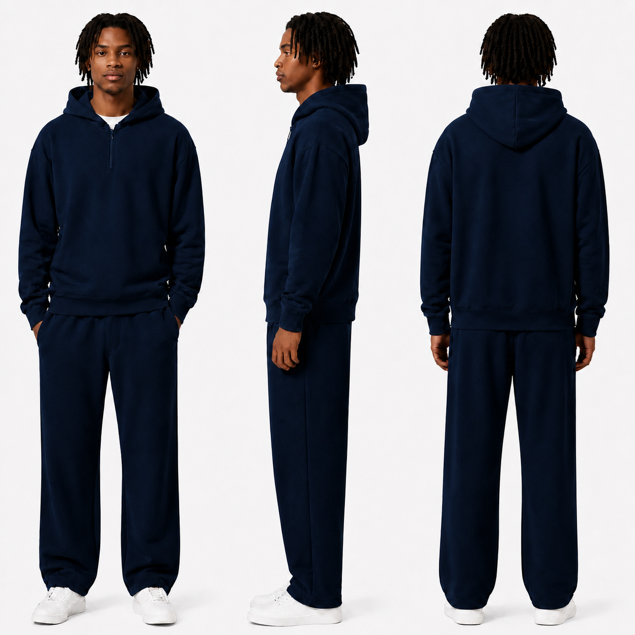 Unisex Solid Half-Zip Hoodies 8-Pack - royal navy front side back