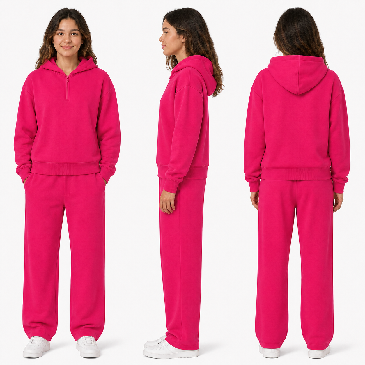 Unisex Solid Half-Zip Hoodies 8-Pack - hot pink front side back