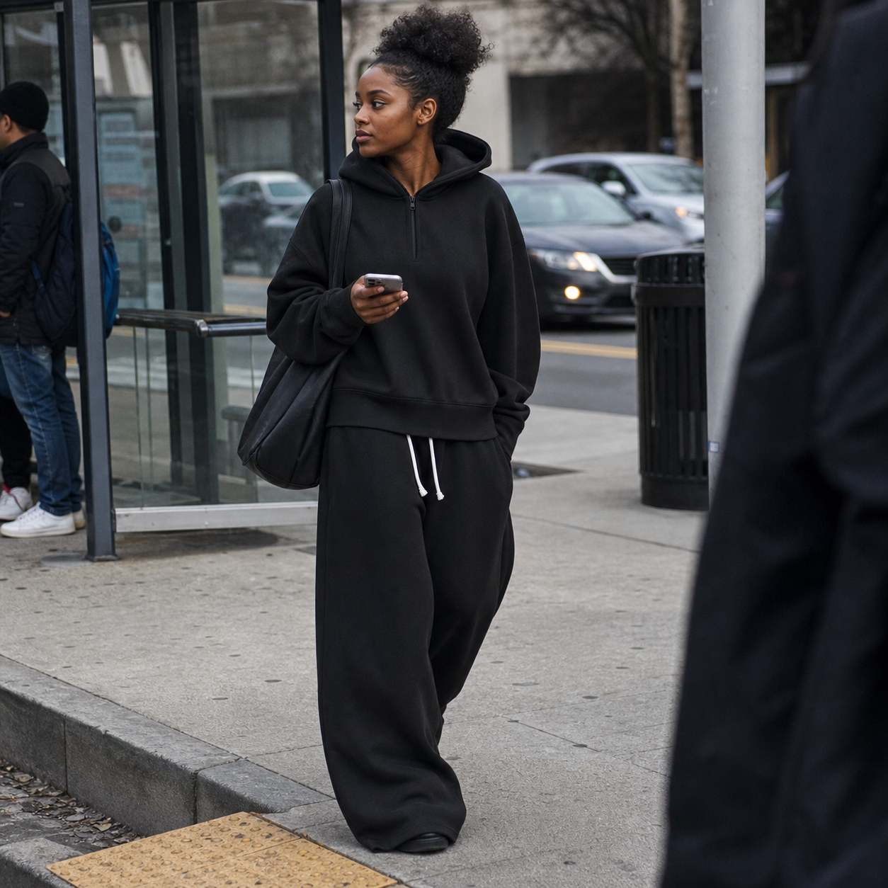 Unisex Half-Zip Hoodie and Wide-Leg Sweatpants Set - Black, 2XL