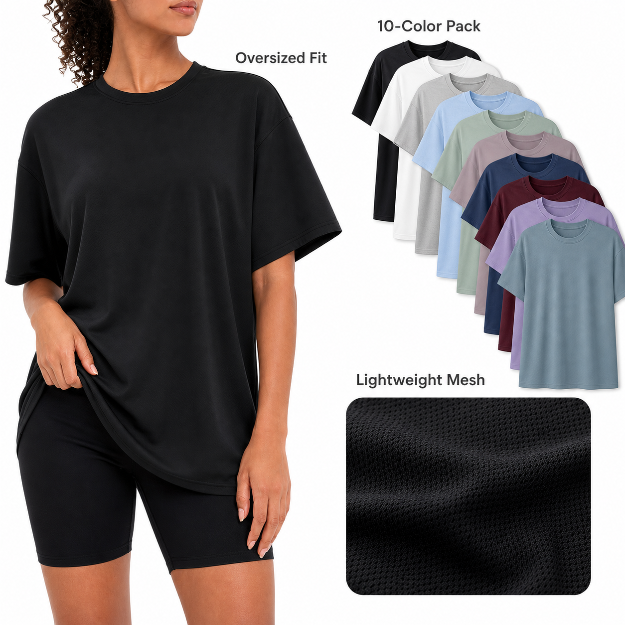 Women's Oversized Quick-Dry Workout T-Shirt Packs - main image with oversized fit, ten-color pack, and lightweight mesh fabric