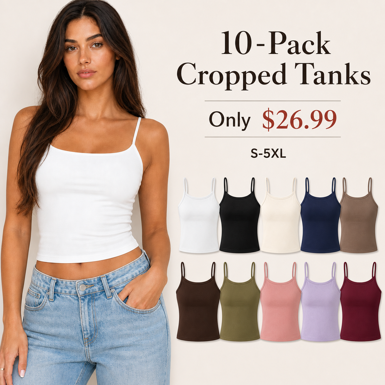 Women's Stretch Cropped Spaghetti Strap Tank 10-Pack - hero promo