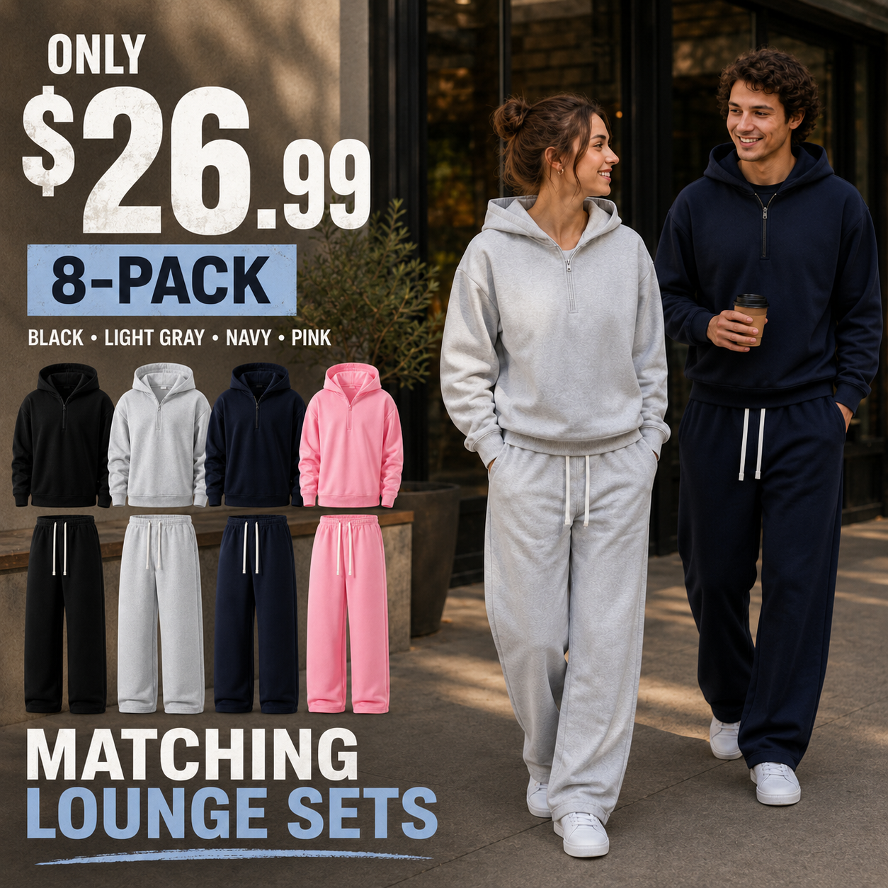 Unisex half-zip hoodie and wide-leg sweatpants matching sets