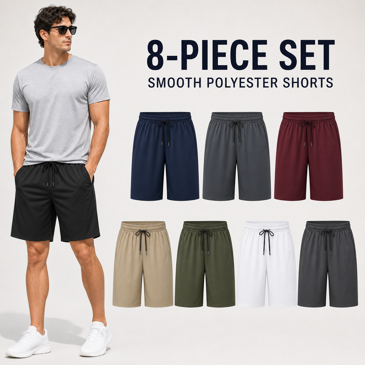 Men's 8-Piece Smooth Polyester Drawstring Athletic Shorts Set - 8-piece smooth polyester drawstring athletic shorts set
