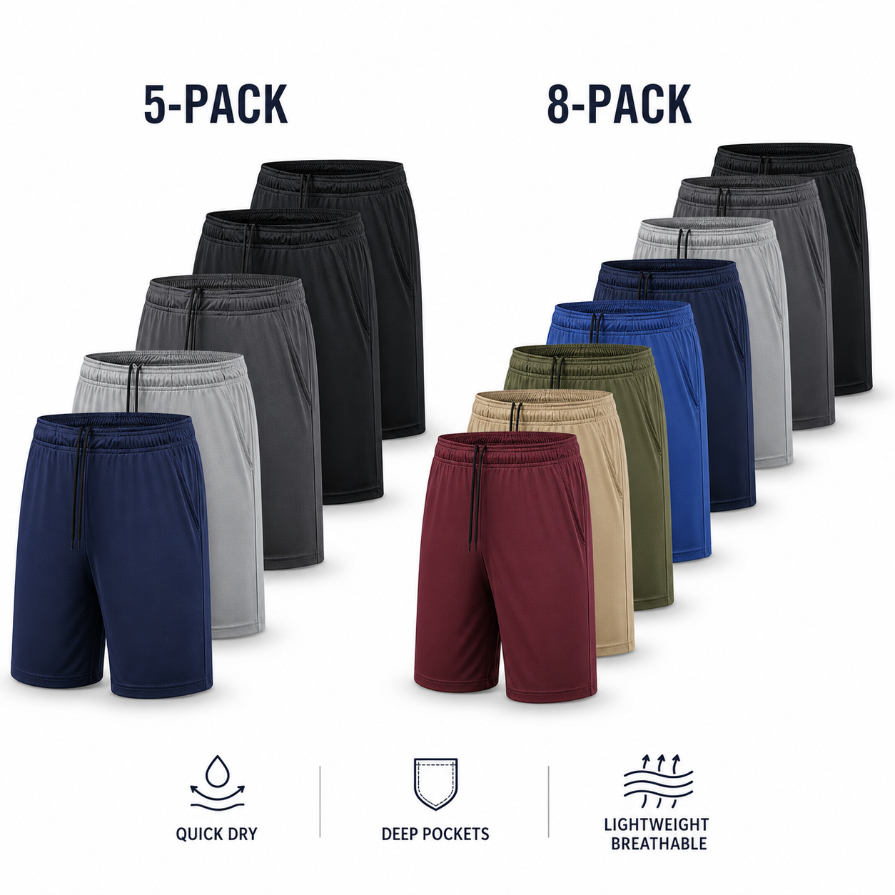 Men's Quick Dry Athletic Gym Shorts Packs - 5-Pack & 8-Pack - 5-pack and 8-pack men's athletic shorts value overview