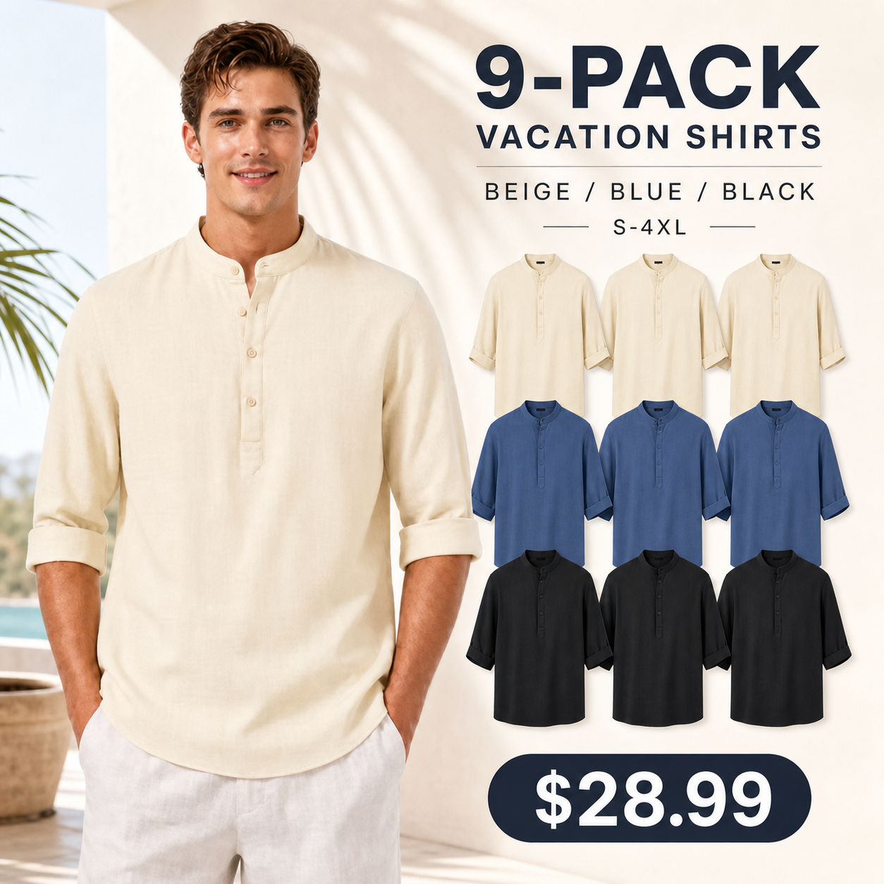 Men's Linen-Look Long Sleeve Henley Vacation Shirts Packs - hero promo