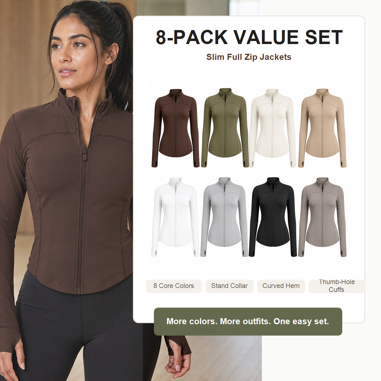 Women's Slim Fit Full Zip Jacket Packs - 8-pack mixed color set with full zip slim fit jackets