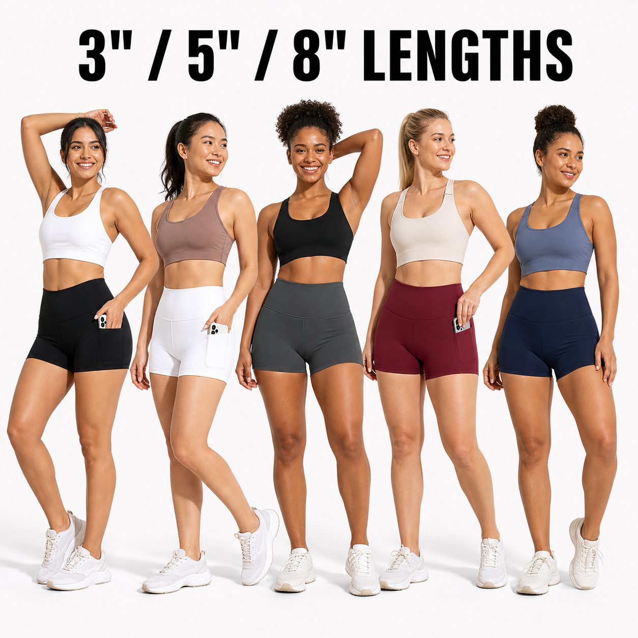 Women's High Waisted Biker Shorts with Pockets Packs - five models showing 3 inch 5 inch and 8 inch length options