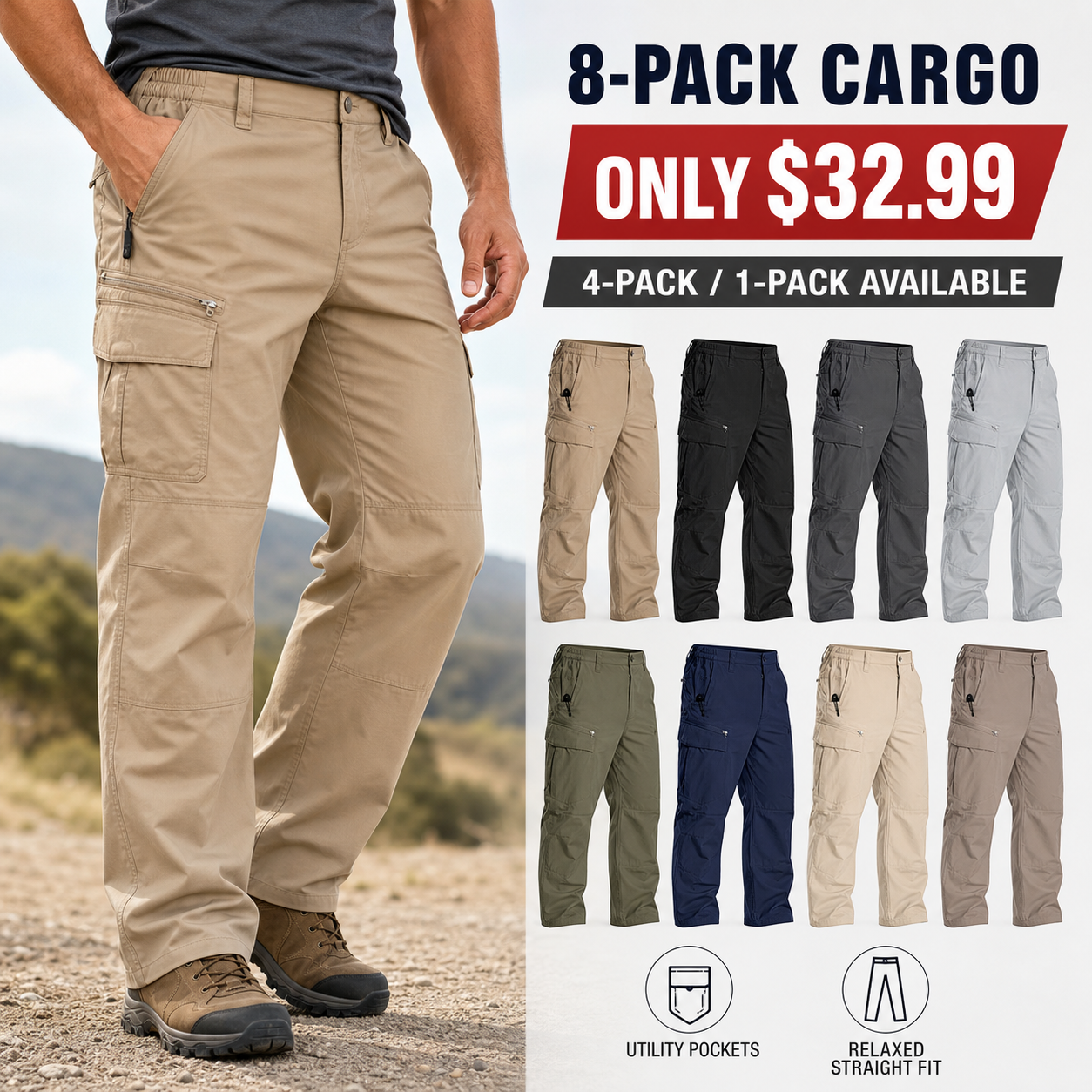 Men's Lightweight Stretch Cargo Pants Packs - hero promo