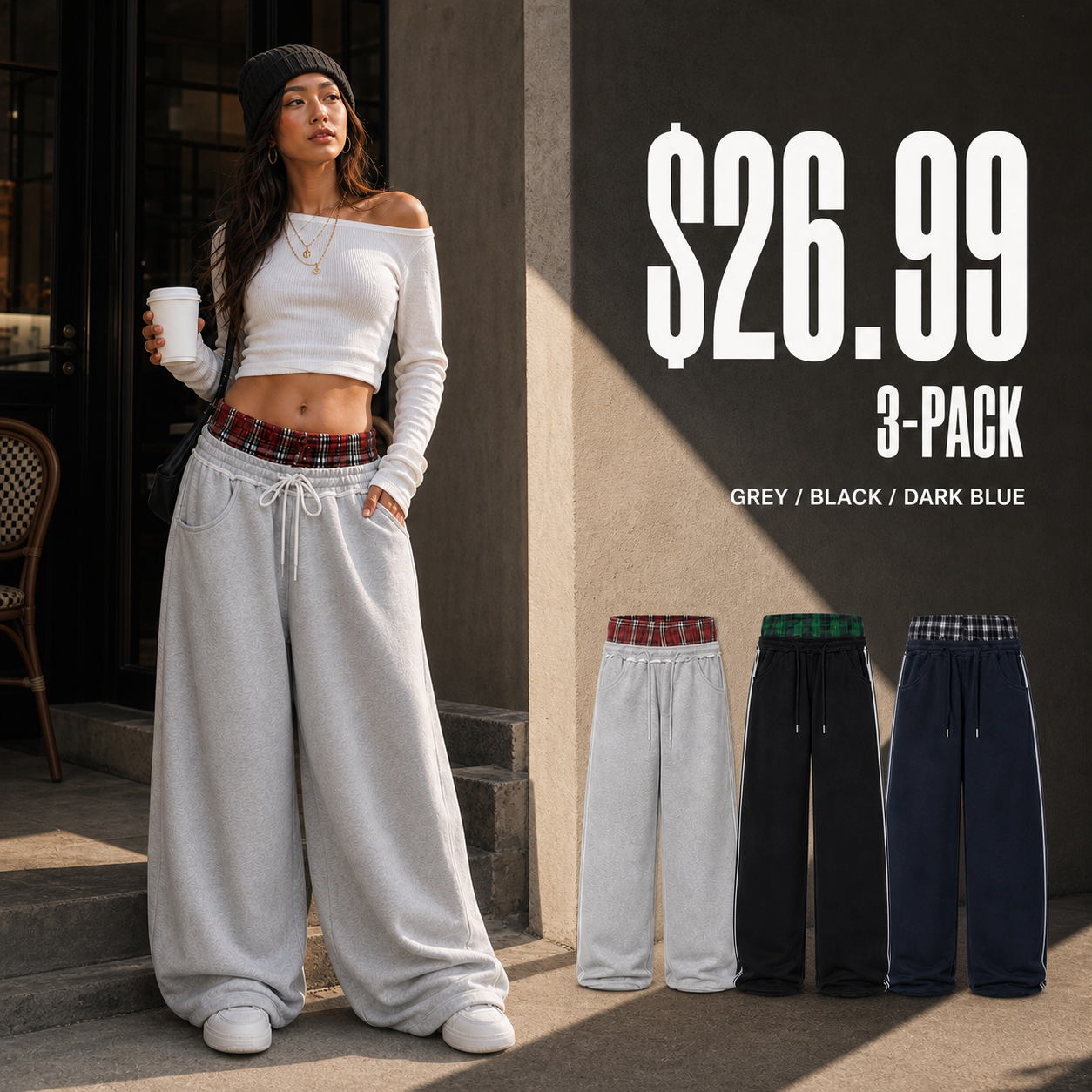 Women's Double-Waist Plaid Wide-Leg Sweatpants - exact approved hero promo