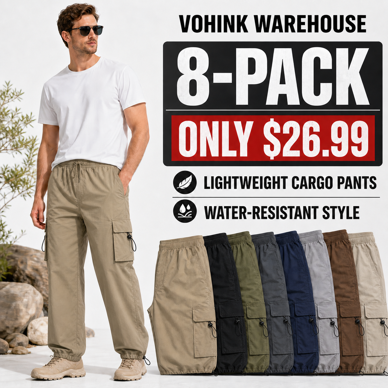 Men's Lightweight Water-Resistant Parachute Cargo Pants 8-Pack - hero promo