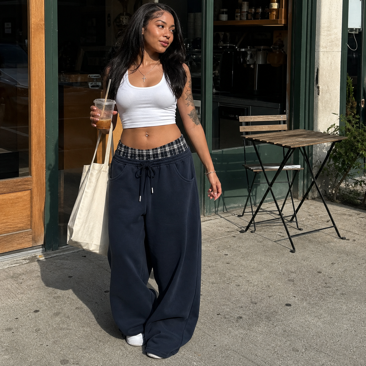 Women's Double-Waist Plaid Wide-Leg Sweatpants - Coffee shop scene