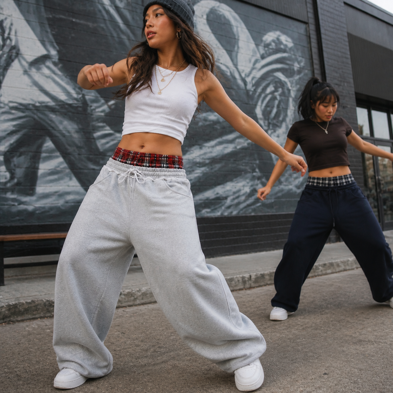 Women's Double-Waist Plaid Wide-Leg Sweatpants - Hip-hop scene
