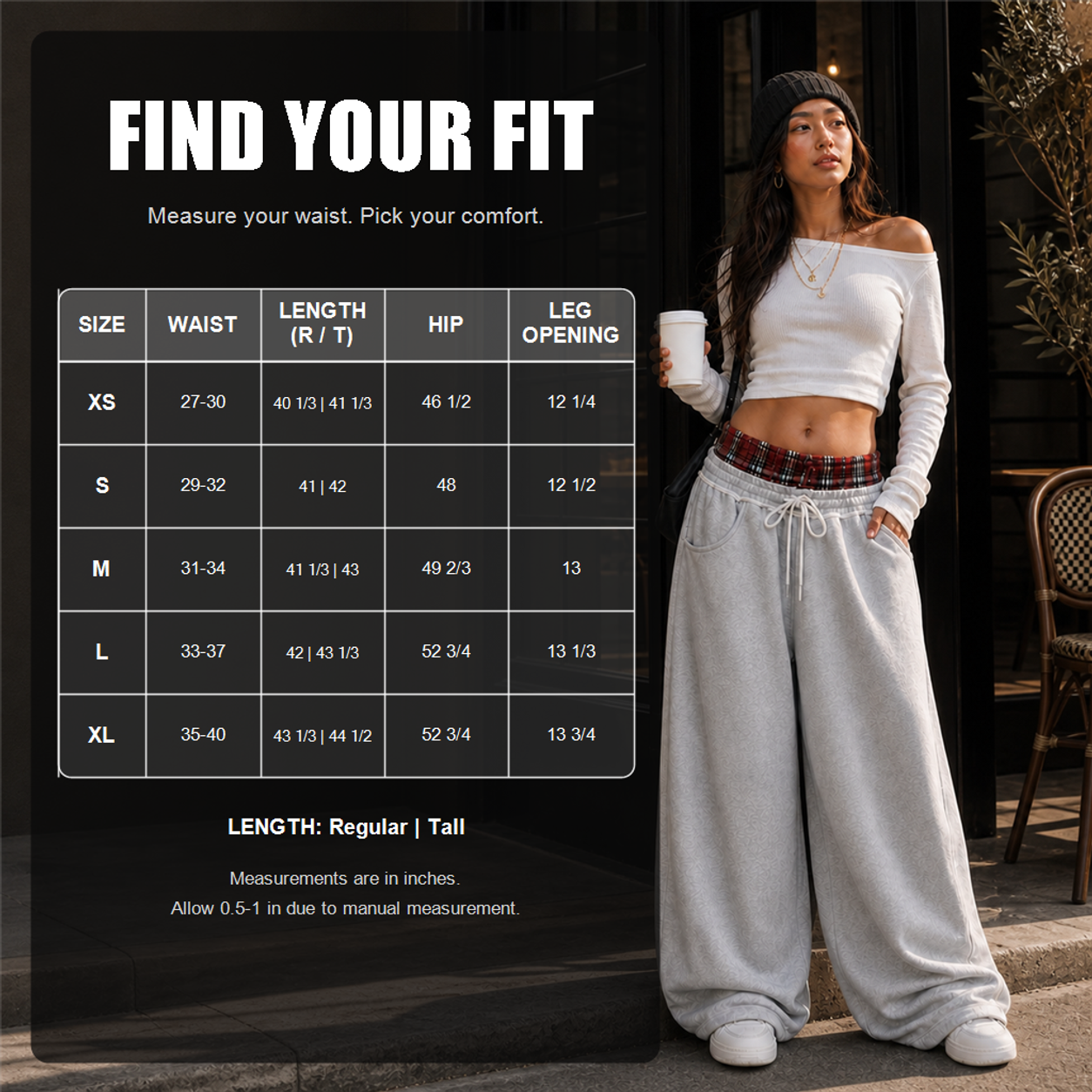 Women's Double-Waist Plaid Wide-Leg Sweatpants - Size chart