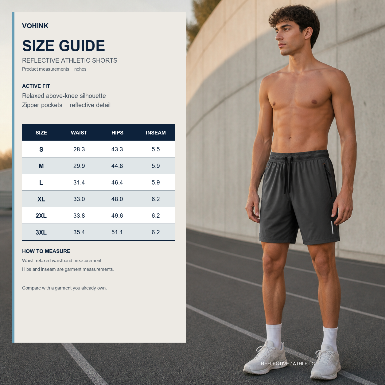 Men's Reflective Zip-Pocket Athletic Shorts Packs - size chart
