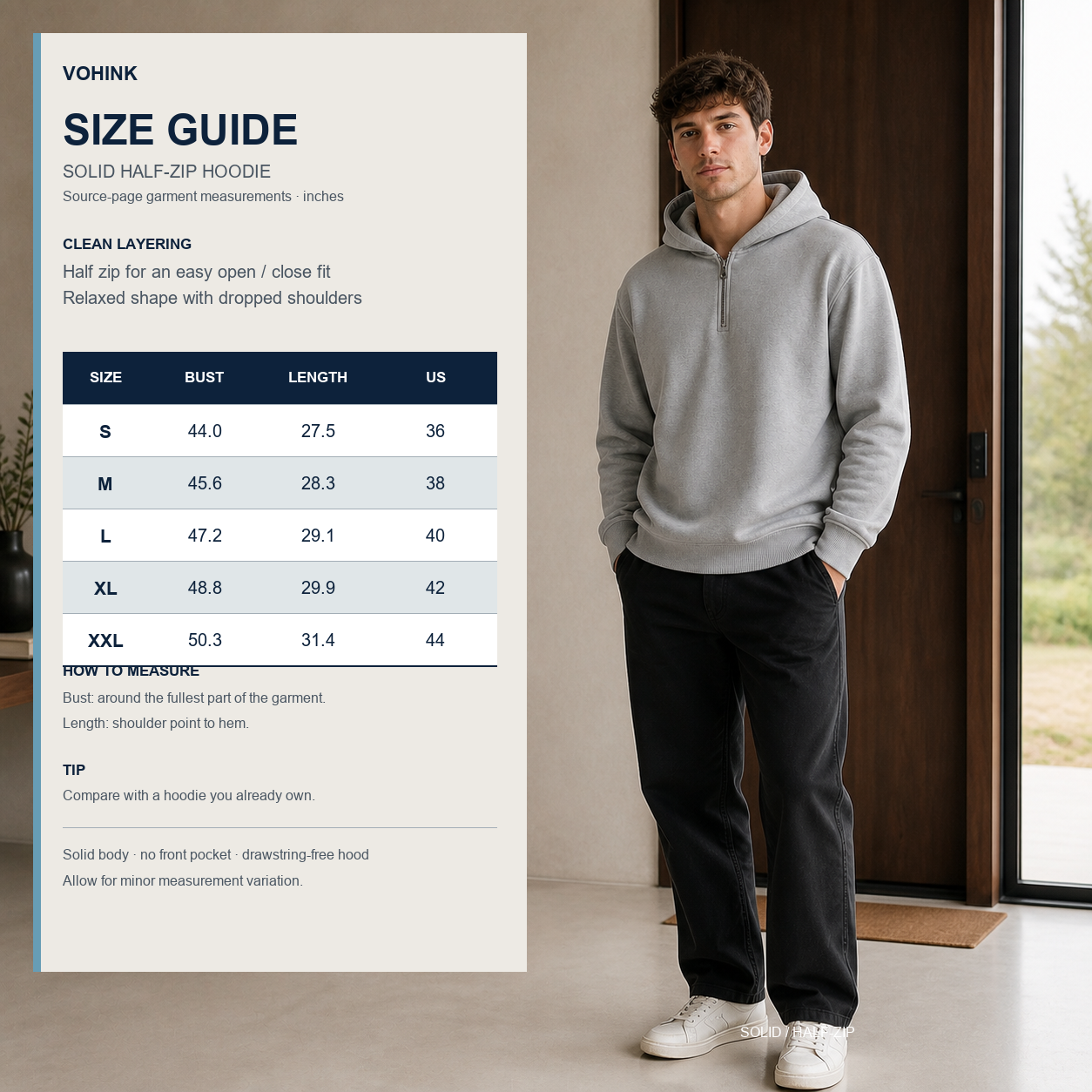 Unisex Solid Half-Zip Hoodies 8-Pack - size guide