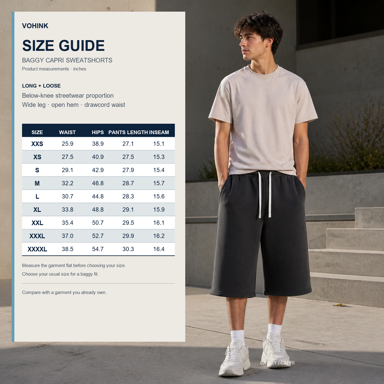 Men's Baggy Capri Sweatshorts Packs - detail size chart