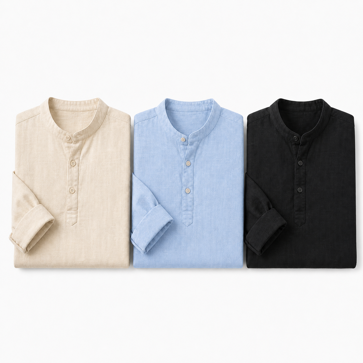 Men's Linen-Look Long Sleeve Henley Vacation Shirts Packs - sku 3pack beige blue black set