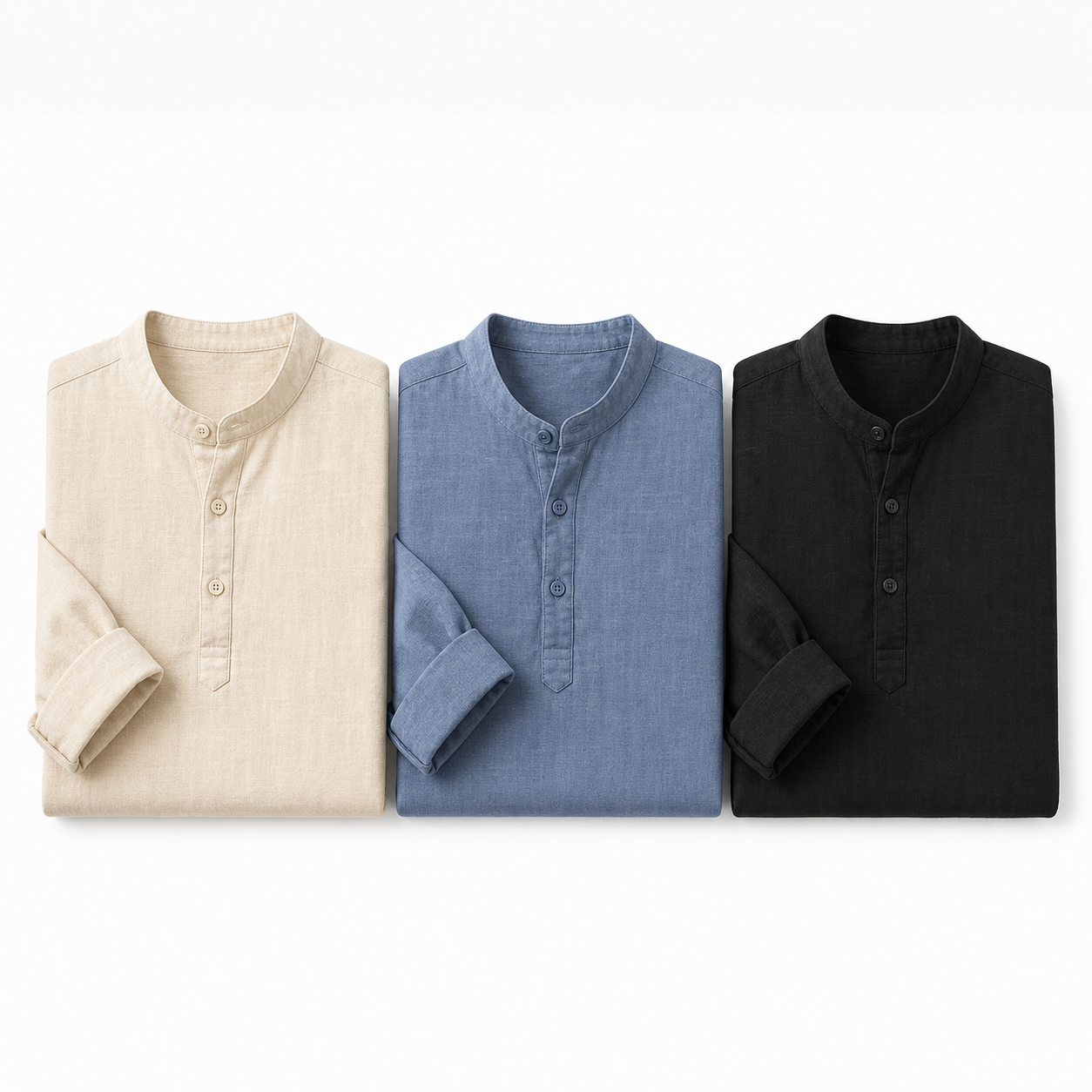 Men's Linen-Look Long Sleeve Henley Vacation Shirts Packs - sku 3pack beige blue black set