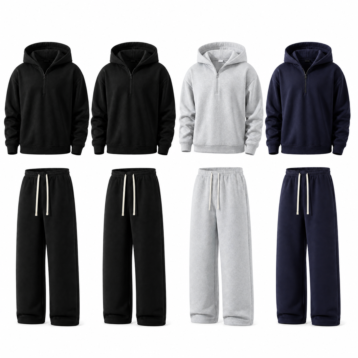 Unisex Half-Zip Hoodie and Wide-Leg Sweatpants Set - 4-Pack Black x2 / Light Gray / Navy, L