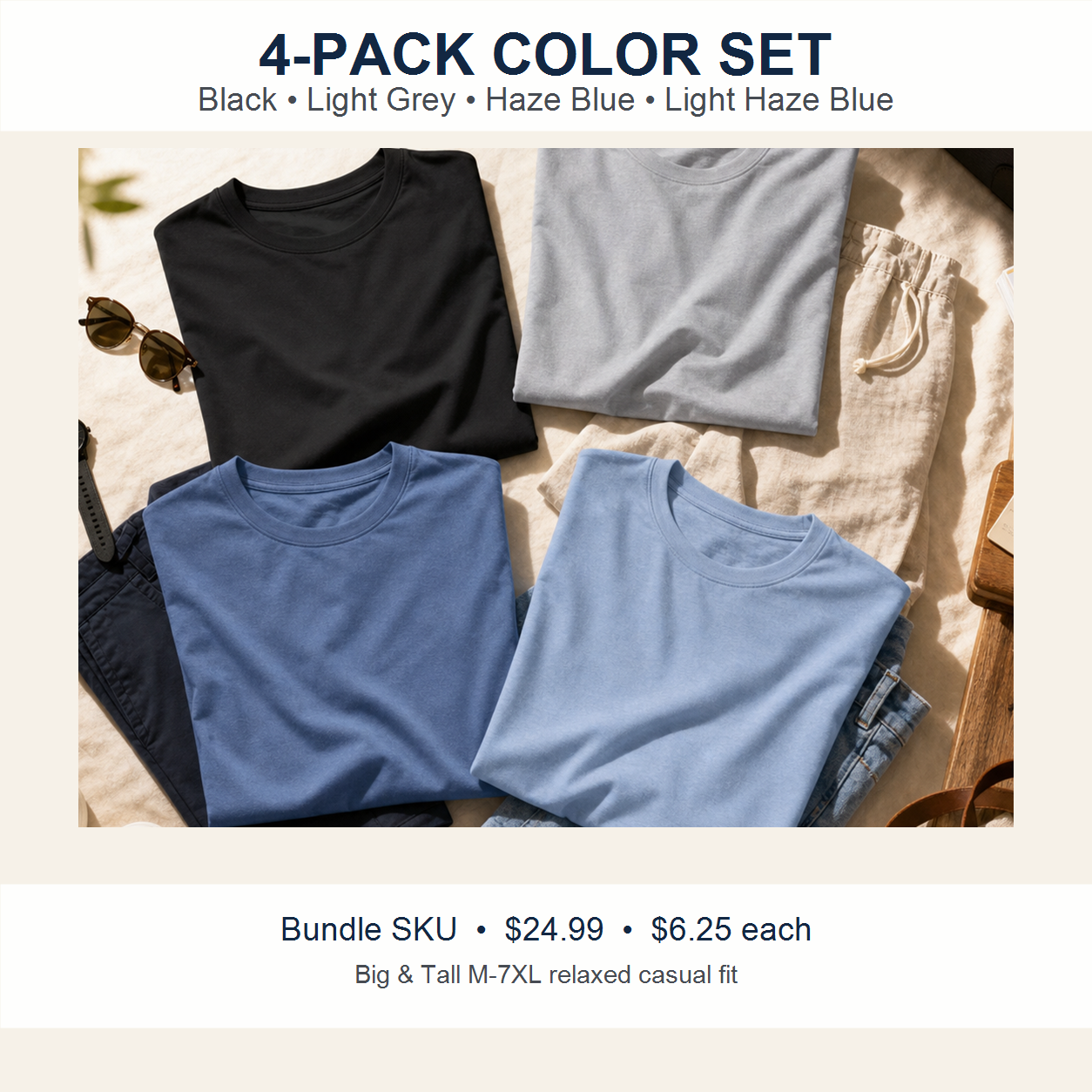 Men's Big & Tall Relaxed Casual Crew Neck T-Shirts 4-Pack - sku 4pack black light grey haze blue light haze blue