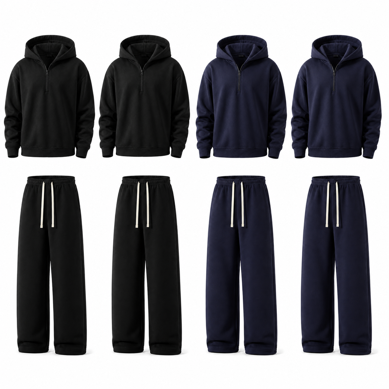 Unisex Half-Zip Hoodie and Wide-Leg Sweatpants Set - 4-Pack Black x2 / Navy x2, 4XL