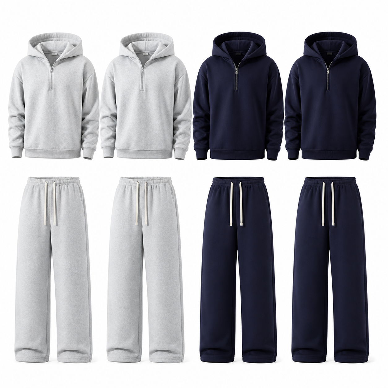Unisex Half-Zip Hoodie and Wide-Leg Sweatpants Set - 4-Pack Light Gray x2 / Navy x2, S