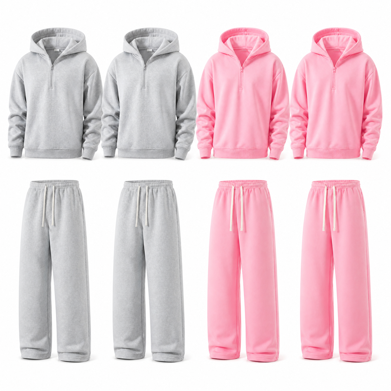 Unisex Half-Zip Hoodie and Wide-Leg Sweatpants Set - 4-Pack Light Gray x2 / Pink x2, S