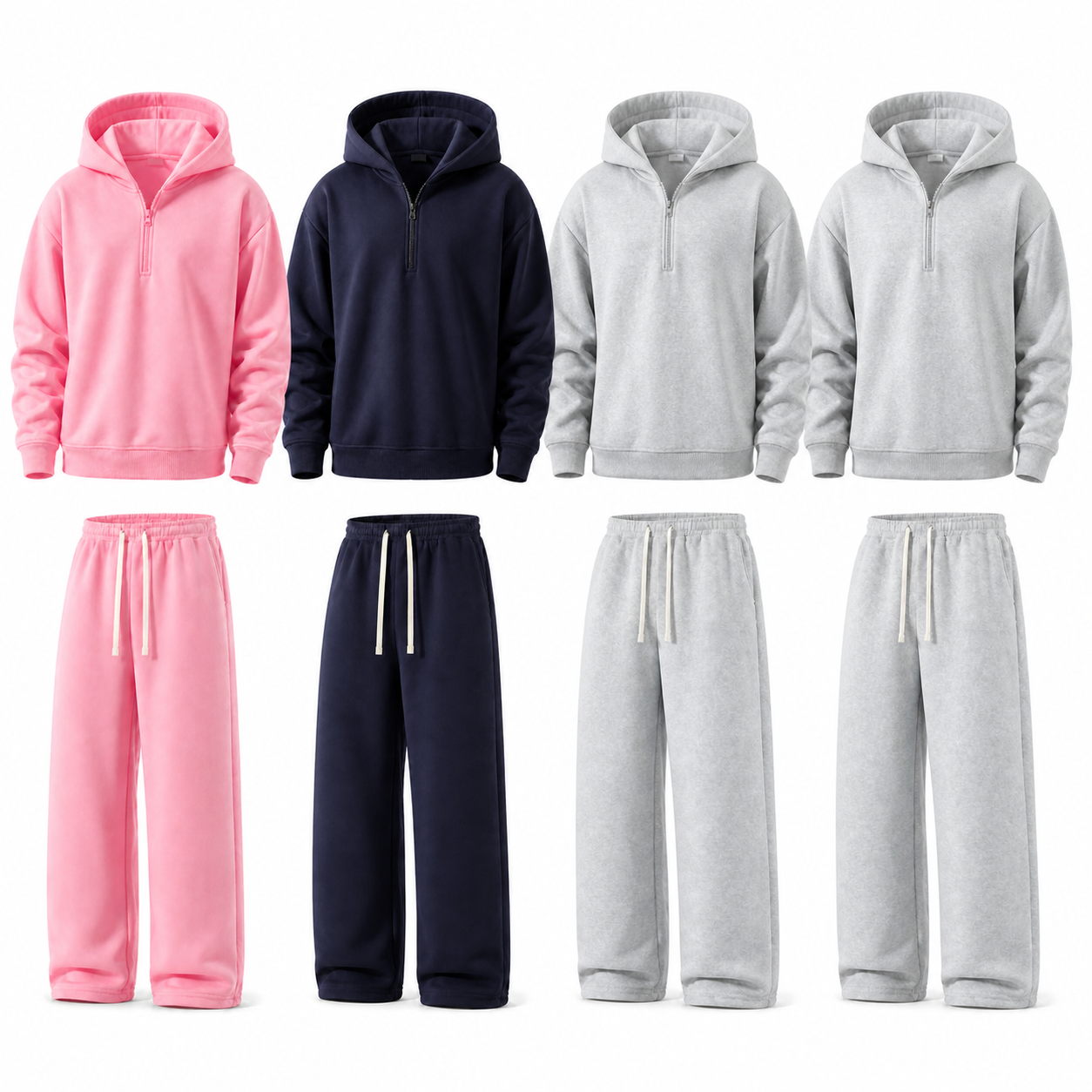 Unisex Half-Zip Hoodie and Wide-Leg Sweatpants Set - 4-Pack Pink / Light Gray x2 / Navy, L