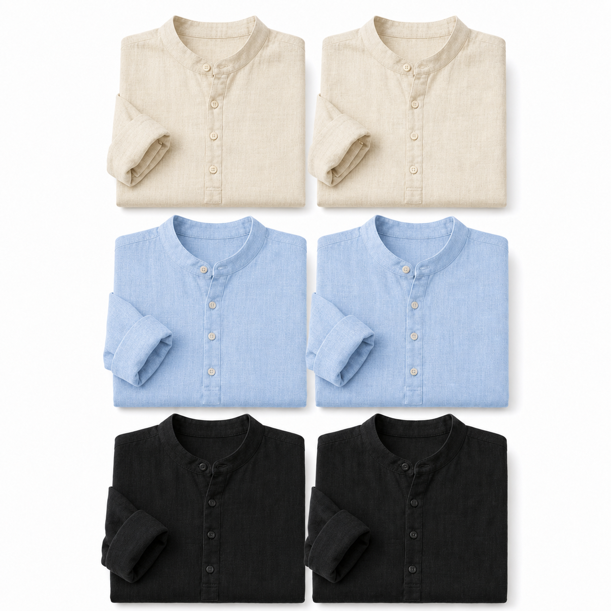 Men's Linen-Look Long Sleeve Henley Vacation Shirts Packs - sku 6pack beige blue black set