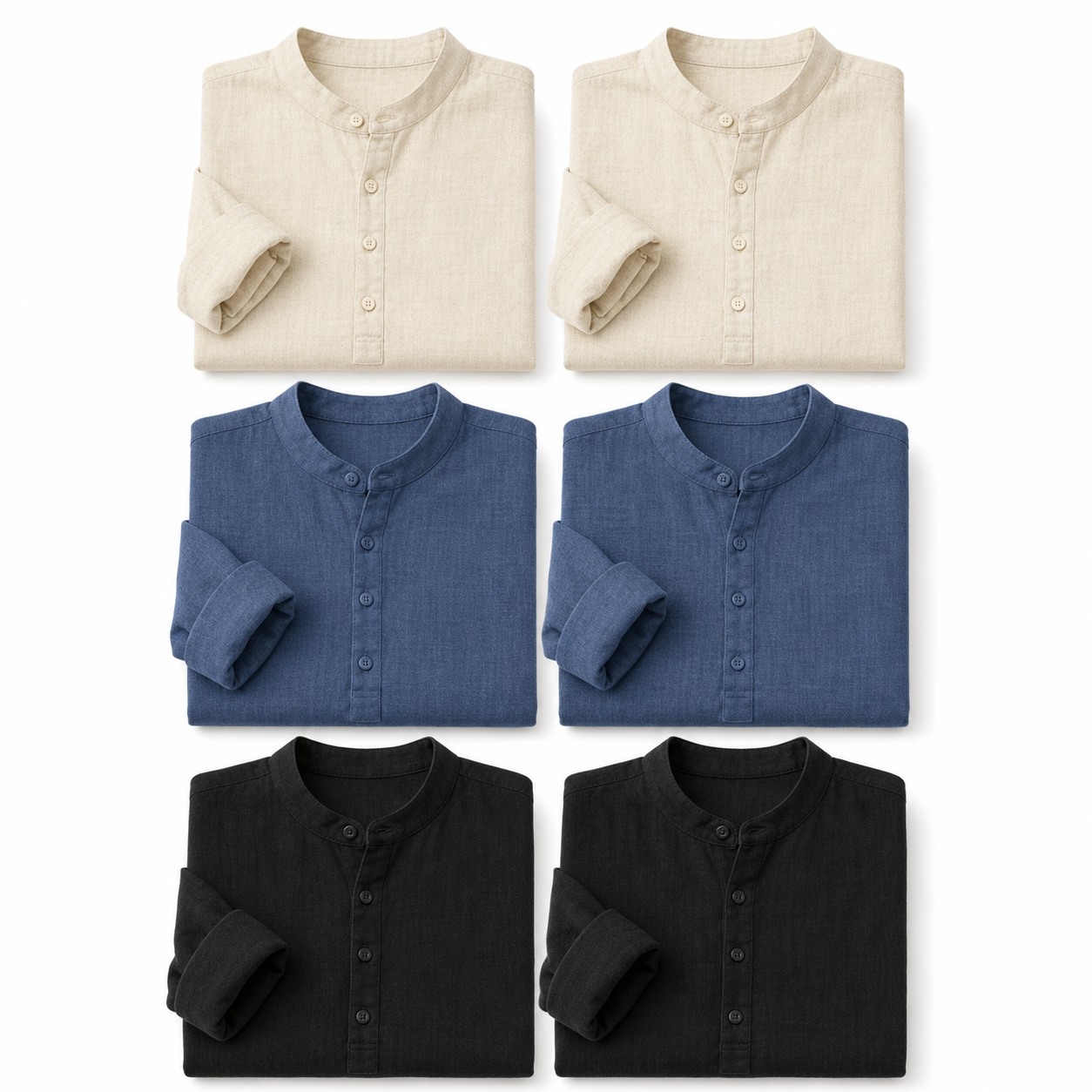 Men's Linen-Look Long Sleeve Henley Vacation Shirts Packs - sku 6pack beige blue black set