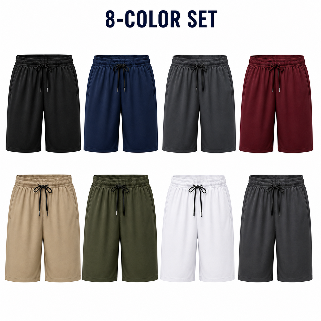 Men's 8-Piece Smooth Polyester Drawstring Athletic Shorts Set - eight-color shorts set assortment