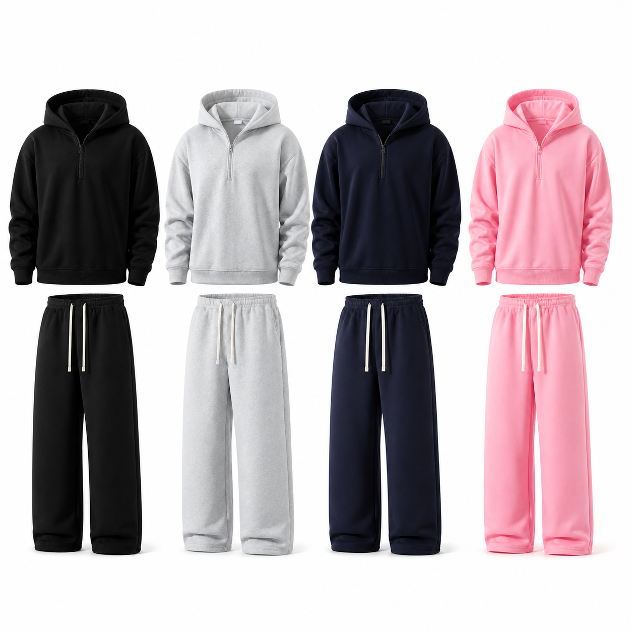 Unisex Half-Zip Hoodie and Wide-Leg Sweatpants Set - 8-Pack Black / Light Gray / Navy / Pink, XL