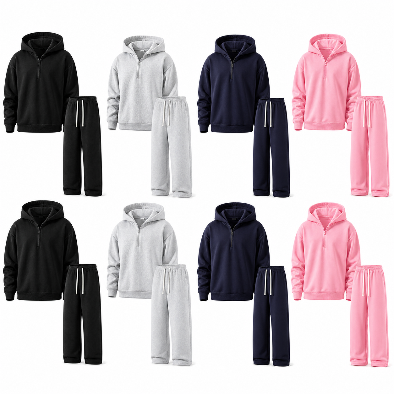 Unisex Half-Zip Hoodie and Wide-Leg Sweatpants Set - 8-Pack Black x2 / Light Gray x2 / Navy x2 / Pink x2, 4XL