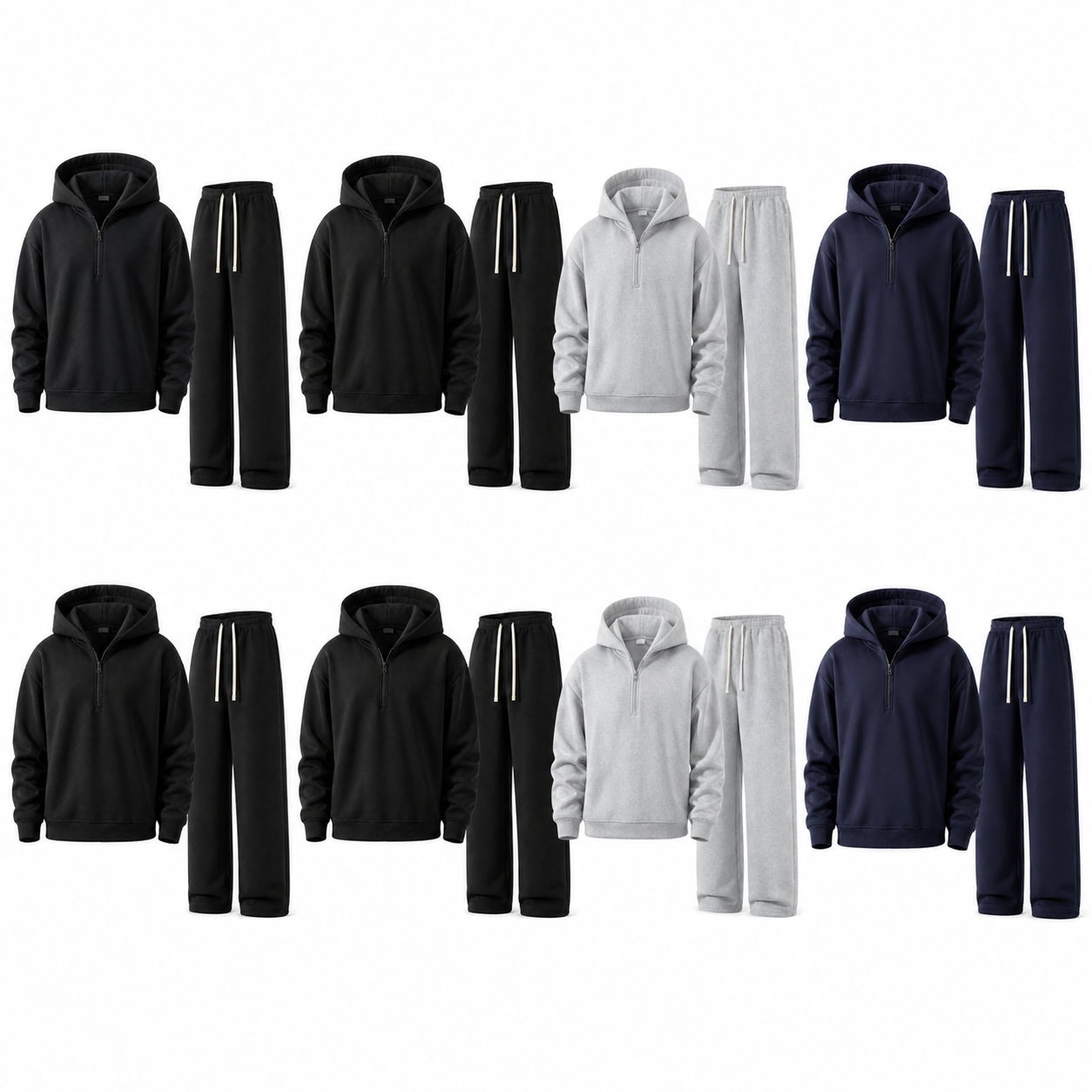 Unisex Half-Zip Hoodie and Wide-Leg Sweatpants Set - 8-Pack Black x4 / Light Gray x2 / Navy x2, M