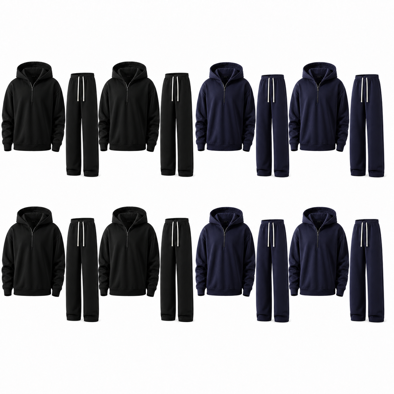 Unisex Half-Zip Hoodie and Wide-Leg Sweatpants Set - 8-Pack Black x4 / Navy x4, L