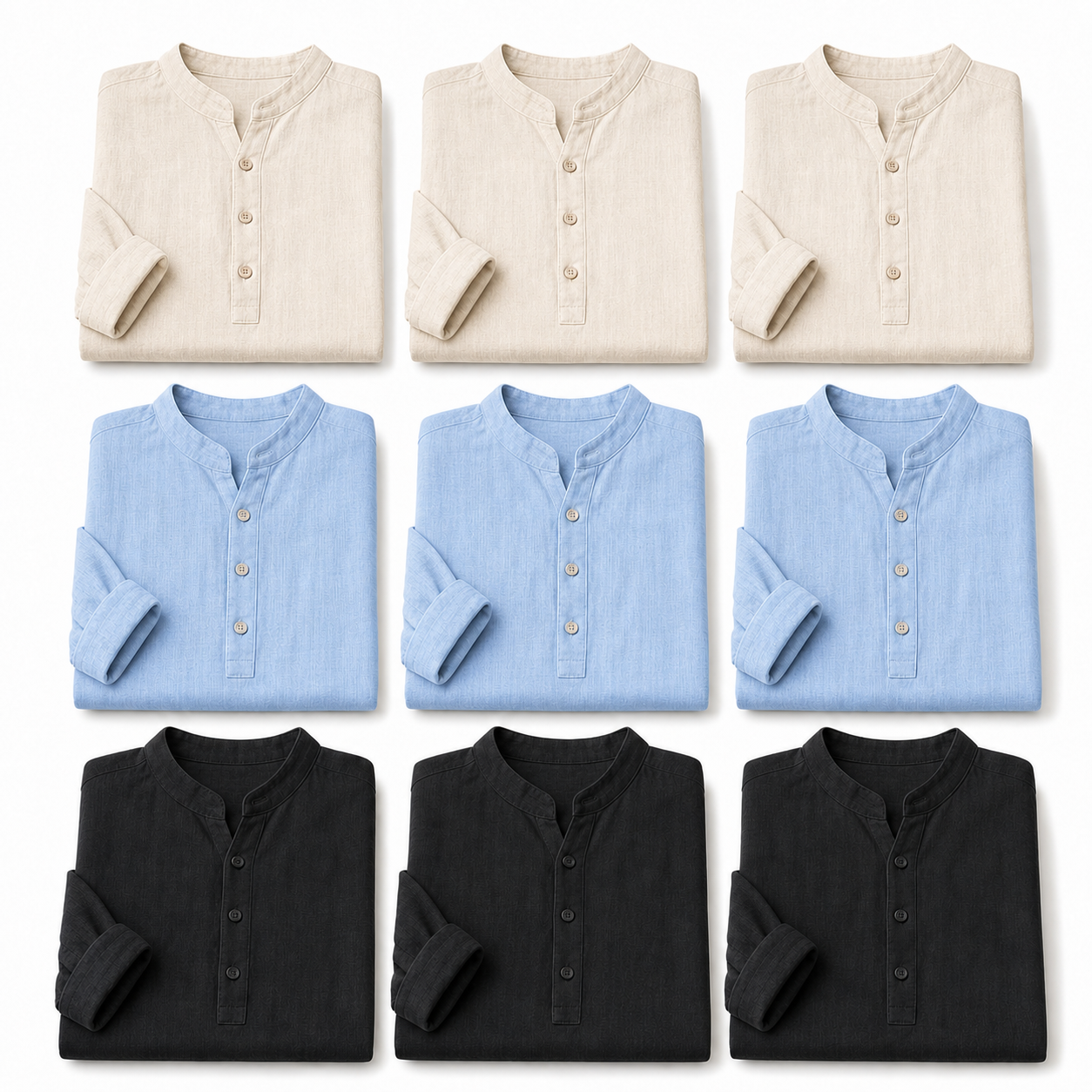Men's Linen-Look Long Sleeve Henley Vacation Shirts Packs - sku 9pack beige blue black set