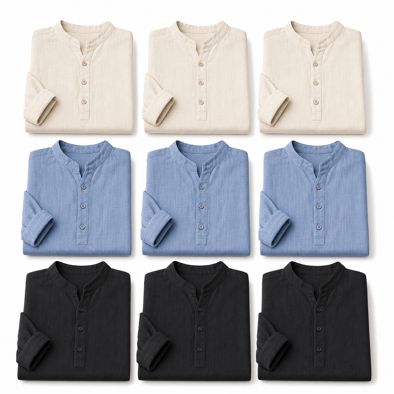 Men's Linen-Look Long Sleeve Henley Vacation Shirts Packs - sku 9pack beige blue black set